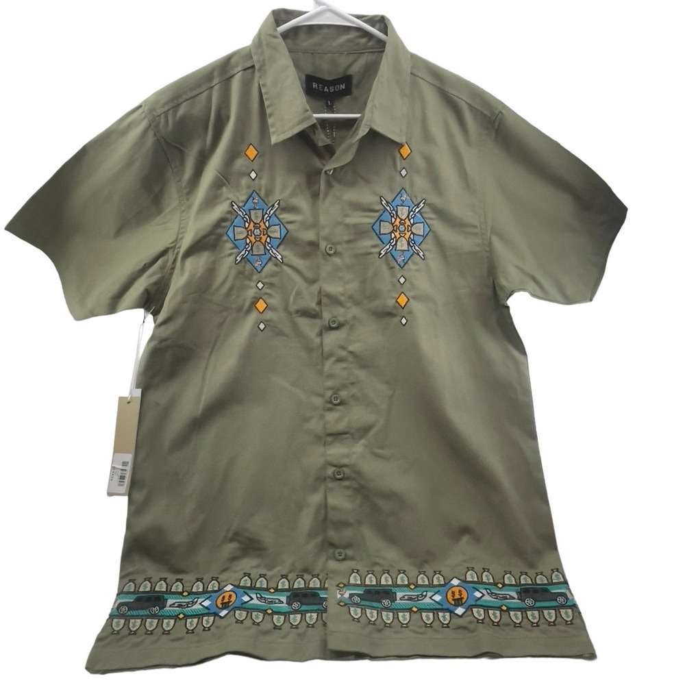 Reason Men Large‎ Button Down Shirt Olive Green Short Sleeve Zona Embroidery New